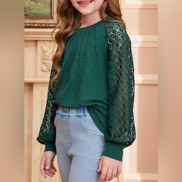 Blibean Green Lace Sleeve Top | Girls Size 8-9 | Long Sleeve Boutique Blouse - Picture 3 of 9